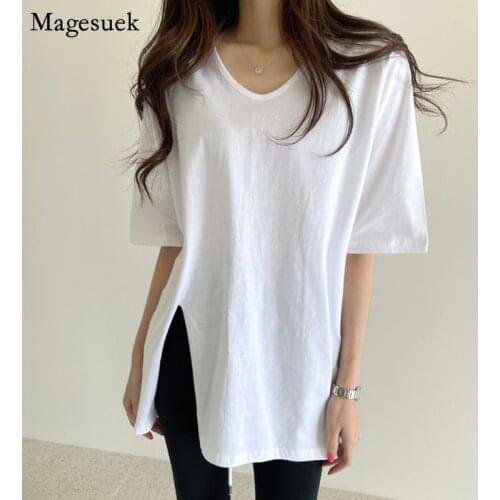 Korean Chic Casual White Loose Summer T-Shirt Female Short Sleeve Cotton T Shirt Women Split Plus Size Tee Solid Tshirts 13641