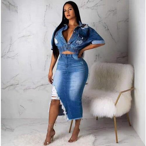 African Summer Womens Sets Casual Slim Jeans Dress Women Short Jacket +tassel Skirt Jeans Denim 2 Piece Set Denim Matching Set