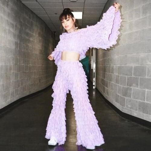 2021 Trendy Two Pieces Tulle Sets Tiered Ruffle Short Blouse Woman Tops And Pants Tulle Lilac Fullness Party Wear Floor Length