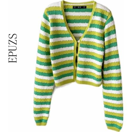 ZA 2021 stripe cardigan women long sleeve croped sweater VintageV Neck korean sweater winter clothes women