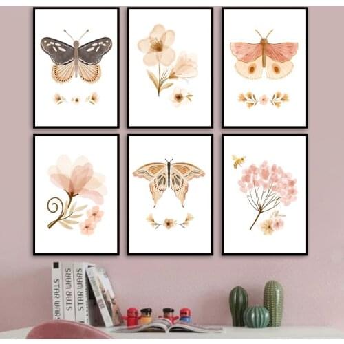Boho Butterfly Blush Pink Girls Nursery Wall Art Print Canvas Painting Nordic Vintage Poster Wall Pictures Baby Kids Room Decor