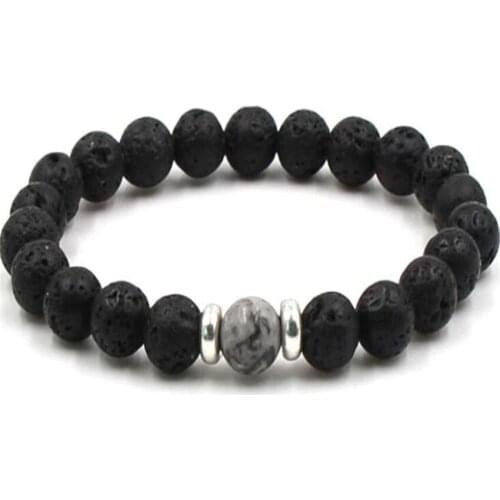 8MM Volcanics Gemstone Mala Elasticity Bracelet Handmade Unisex Reiki Spirituality Stretchy Tibet Silver Healing Cuff Energy