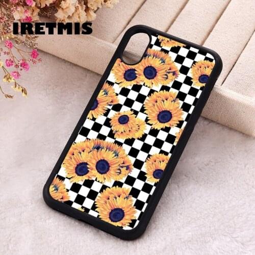 Iretmis 5 5S SE Phone Cover Case for iPhone 6 6S 7 8 Plus X Xs XR 11 12 Mini Pro Max peach sunflower floral checkered summer