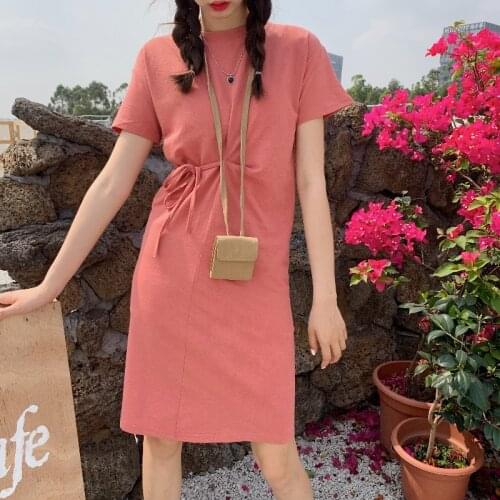 Pure color round neck tie long T-shirt skirt is thin loose mid-length dress summer new waist short-sleeved short skirt new 2021