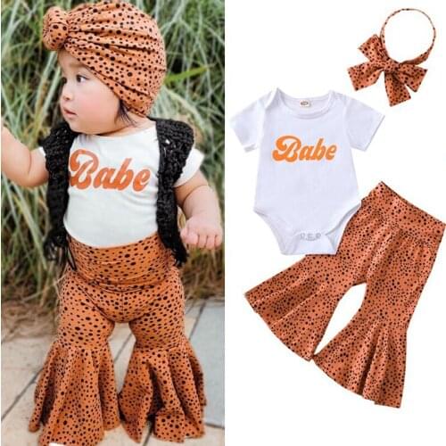 3pcs Newborn Baby Girl Clothes Set Summer Letter Short Sleeve Romper Leopard Flare Pants Headband 12 18 24M Kids Children Outfit