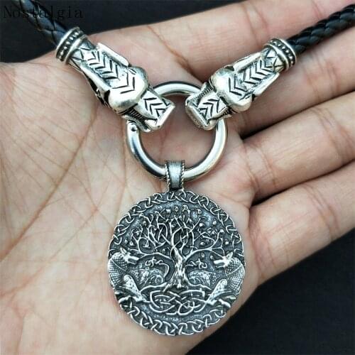 Viking Wolf Head leather Chain Tree of life And wolf trinity Pendant Scandinavian Viking Slavic Talisman Long Necklace Jewel