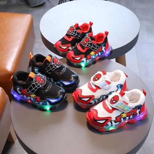 Disney Children boys spiderman LED Sneakers spring Kids cartoon Sports Light Shoes boy Casual Boots sport shoes size 21-30