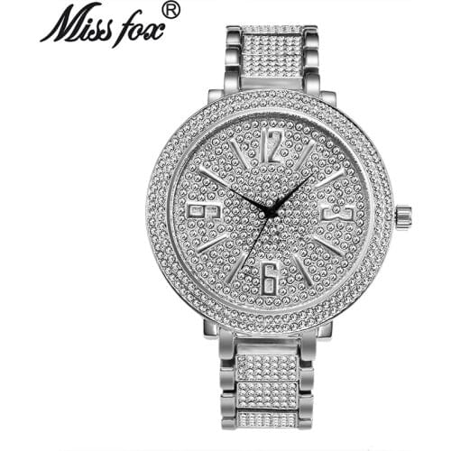 Miss Fox Luxury Gold Full-Diamond Watch Retro Big Dial Woman Elegant Quartz Alloy Waterproof Wristwatch Relogio Feminino V269
