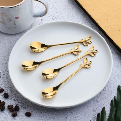 Fashion creative golden stainless steel leaf mixed color coffee tea dessert cafe kitchen spoon