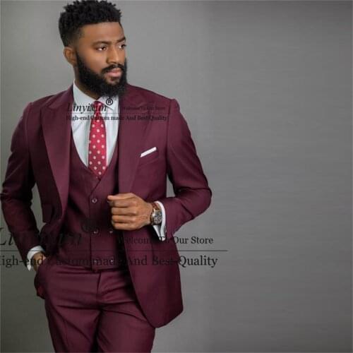 Fashion Burgundy Slim Fit Mens Suits Formal BuinessTuxedos Peak Lapel Groom Blazer Suit For Wedding 3 Pieces (Jacket+Pants+Vest)