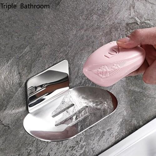 Draining Stainless Steel Soap Dish Punch-free Wall-mounted Silver Black Soap Box Household Restroom Organizer Bathroom Shelves
