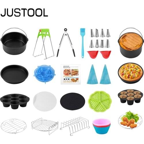 JUSTOOL 18pcs Air Fryer Accessories Kit Stainless Steel Frame with Round Cake & Pizza Pan Multipurpose Rack Kitchen Baking Tools