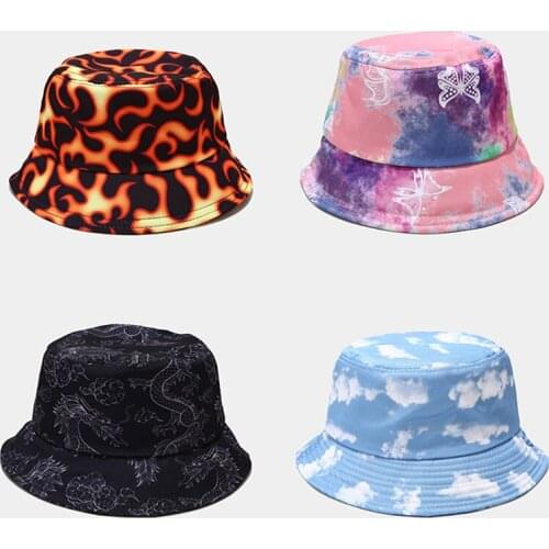 Women 2021 New Bucket Hat Butterfly /Fire /Cloud Print Fisherman Caps Summer Autumn Beach Outdoor Sun Hats Sun Protection Cap