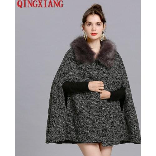2019 Grey Big Faux Fox Fur Neck Cloak Plus Size Split Sleeve Shawl Women Long Knitted Cardigan Autumn Warm Thick Poncho
