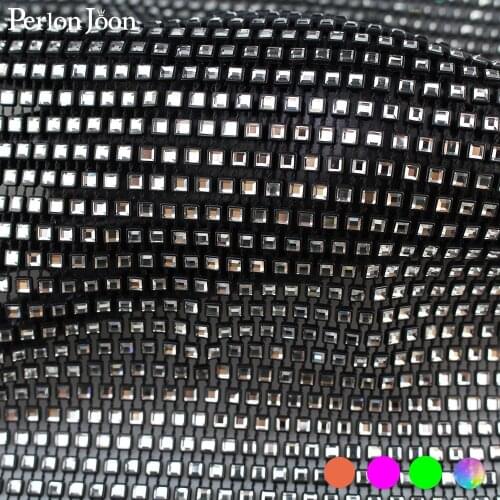 Multicolor Mesh rhinestone Fabric Glitter Sewing Square crystal glass trim stretch for Swimsuit bikini Hollow out design NET09