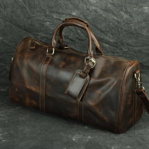 Luxury Pure Handmade Natural Crazy Horse Leather Mens Travel Bags Totes Duffle