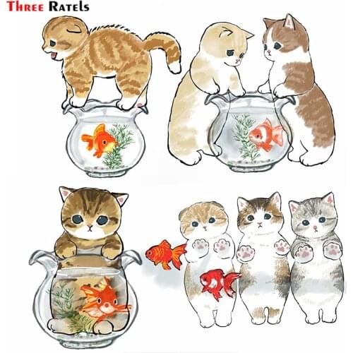 Three Ratels F266 Kitty Cats Catches Fish Sticker for Laptop Car Motorcycle Skateboard Fridge Luggage Backpack Phone Bike Decal