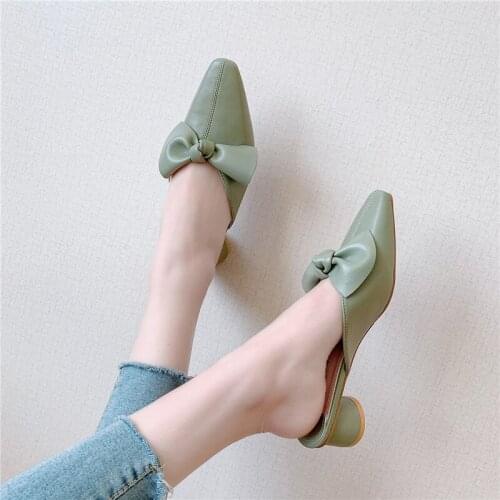 2020 spring ladies slippers outside Half drag Fashion PU solid color sweet bow comfortable thick heel Skin-friendly shoes U30-22