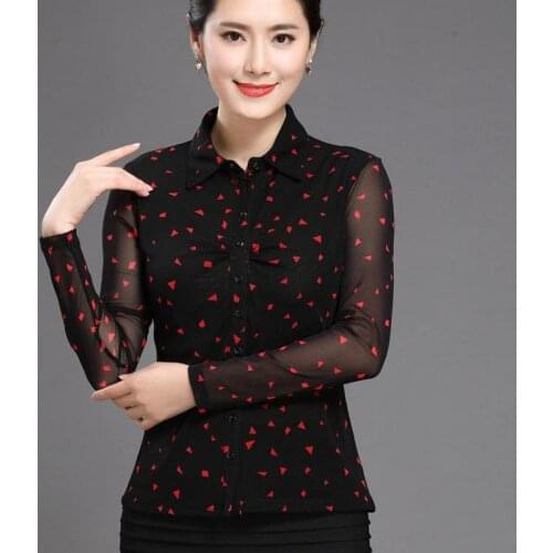 Summer Spring Casual Woman Female Black Full Sleeve Cardigan Mesh Blouse Shirt , 3XL 4XL Autumn Slim Printed Blouses For Women