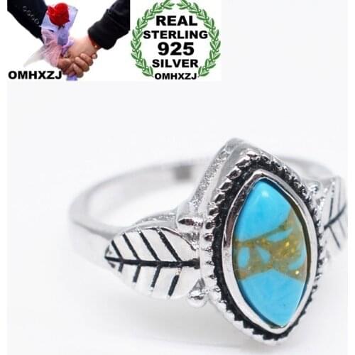 OMHXZJ Wholesale European Fashion Woman Man Party Wedding Gift Black Leaves Green Turquoise 925 Sterling Silver Ring RR189