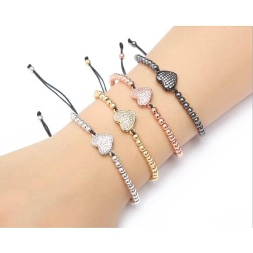 Gold silver micro pave cz Cubic Zirconia rope adjusted Copper Beads Bracelet heart hdg2 Charm Braided Bangles Women
