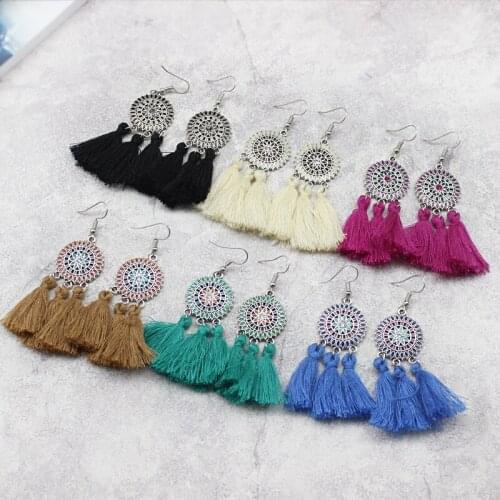 6 Color Carved Bohemian Flower Metal Disk Silk Thread Tassel Women Casual Drop Earrings For Vacation Party Tour