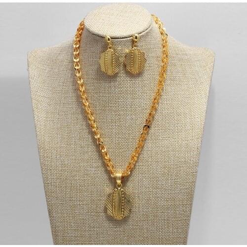 African Wedding Jewelry Sets for Women Mama Gold Color Ethiopian Pendant Necklaces Earrings Middle Eastern Arab Bride Ornaments