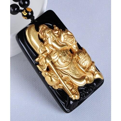 Free shipping Free shipping Natural gold inlaid obsidian duke guan necklace pendant with rope wholesale