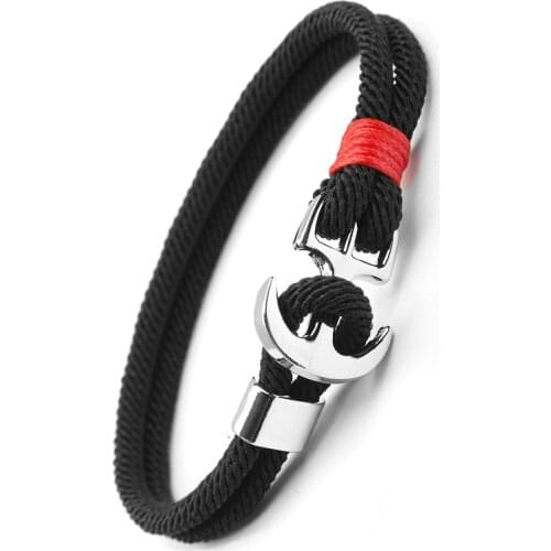 Black-Anchor Bracelets Men Charm Survival Rope Chain New Fashion Bracelet Male Wrap Metal Sport Hooks
