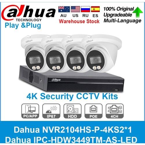 Dahua 4MP IP Camera Wizsense IPC-HDW3449TM-AS-LED 4K NVR NVR2104HS-P-4KS2 H.265+ POE CCTV Video Recorder Surveillance System Kit