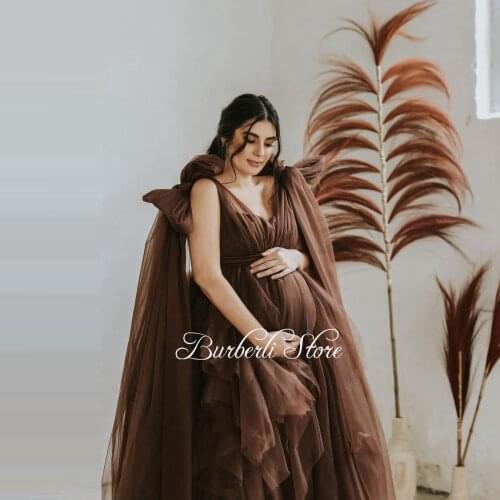 Elegant Brown Ruffles Tulle A-line Maternity Dress With Bow Shoulder Fashion High Low Tiered Soft Mesh Long Robes To Photography
