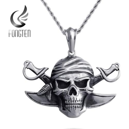 Fongten Vintage Skull Pendant Necklace Stainless Steel Pirate Viking Long Chain Pendants Necklaces Punk Man Fashion Jewelry