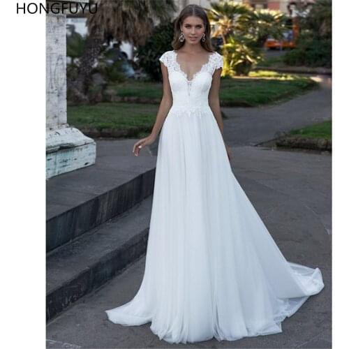 HONGFUYU Simple Deep V-neck Boho Wedding Dresses robe de mariée 2021 Custom Made Tulle Cap Sleeves Vestido de Novia Bridal Gowns