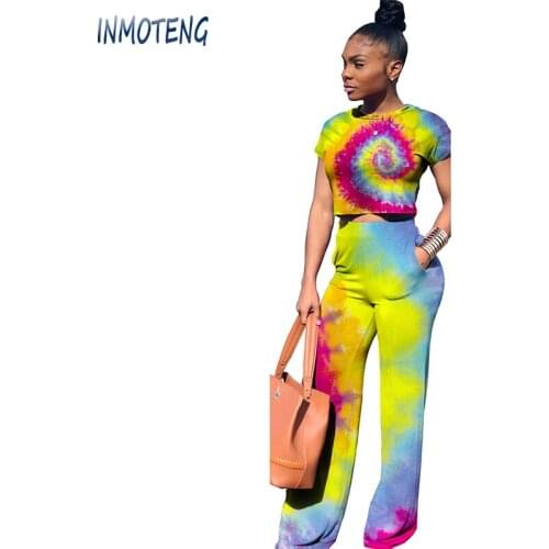 INMOTENG Summer Rainbow Print Short Sleeve 2pcs Sets Women Short Sleeve Overalls Outfit Casual Sexy Fashion Bandage Tracksuit