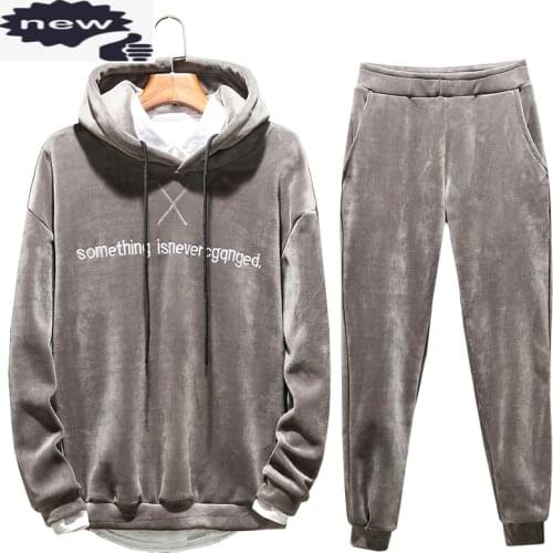 High Street Men Warm Thicken Sweatshirt Pullover Hooded Tracksuit Elastic Waist Pants Two Piece Set Autumn Winter Sport Suit