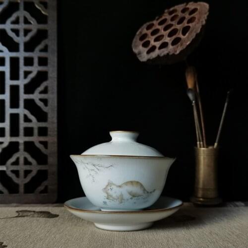 Gaiwan Kung Fu Teacups 5oz Cup and Saucer Set Porcelain Chinese RU YAO Hand-Draw Cartoon Cat Ceramic Drinking Ware