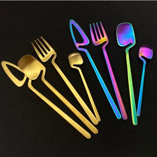 4Pcs Dinnerware Cutlery Set Shape Creative Coffee Cup Hanging Flatware Set 18/10 Stainless Steel Matte Gold Spoon Tableware