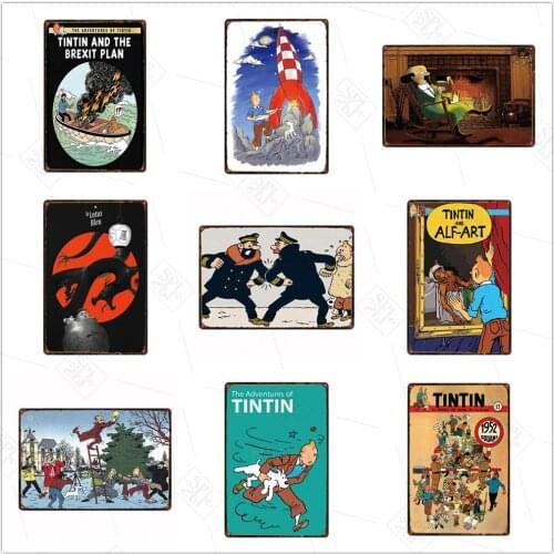 Wall Decorative Tin Plate Vintage Anime Metal Sign Cartoon Anime Wall Sticker Adventures of Tintin Metal Plaque Retro Home Decor