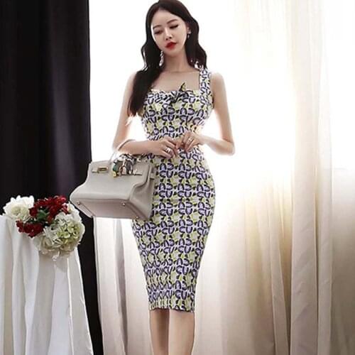 New Fashion Summer Vintage Tank Midi Party Dress Ladies OL Elegant Streetwear Sexy Strap Sleeveless Print Bodycon Skinny Dress