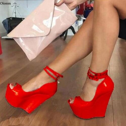 Olomm 2021 Handmade Women Platform Shiny Pumps Wedges High Heels Peep Toe Gorgeous 7 Colors Dress Shoes Women Plus US Size 5-20