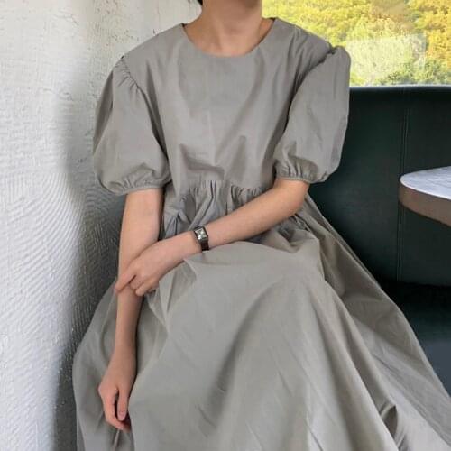 Korean Chic Summer French Elegant Round Neck Pleated High Waist Loose Over The Knee Long Solid Color Puff Sleeve Dress