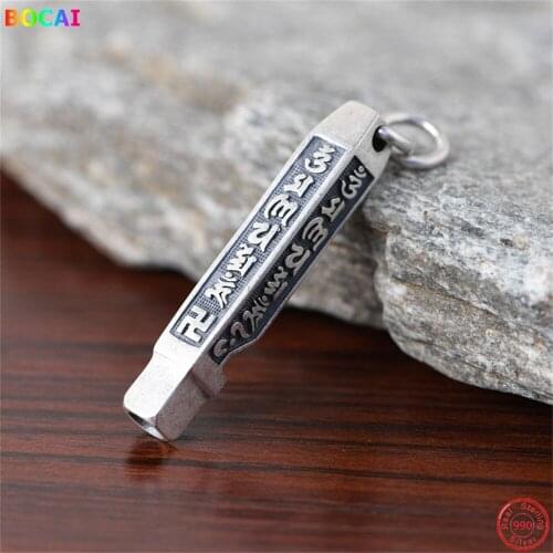 BOCAI S990 Sterling Silver Pendants Six Syllable Mantra Square Column Whistling Hanging Drop Pure Argentum Amulet for Men Women