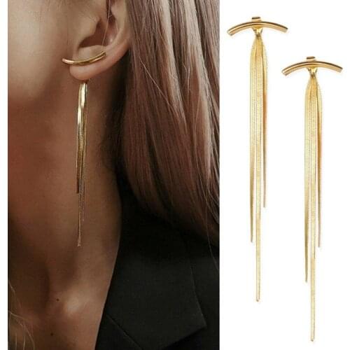 2Pcs 1Pair Vintage Gold Color Bar Long Thread Tassel Drop Earrings for Women Glossy Arc Geometric Korean Earring Fashion Jewelry