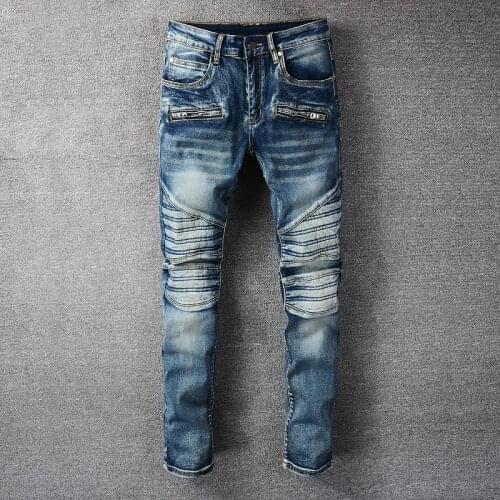 Blue Street Men Slim Jeans Motorcycle Pants Hip Hop Jean Men Bootcut Jeans For Men Streetwear Stretch Denim Pencil Pant Trousers