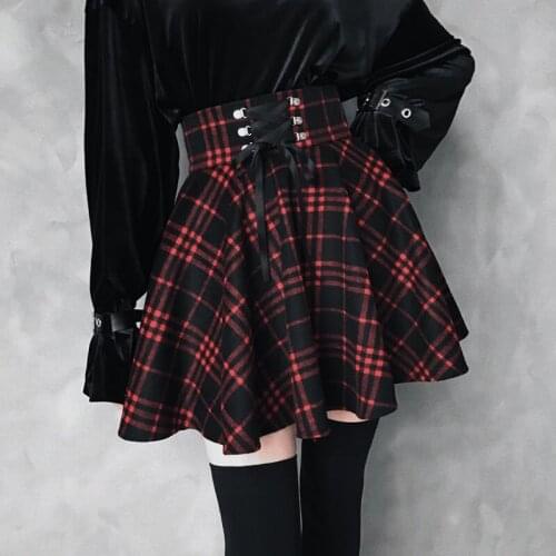 A-Line Checkered Harajuku Dancing Korean Style Sweat Short Punk Skirts Clubwear 2021 High Waist Mini Gothic Skirt Lace Up Front
