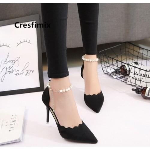 Cresfimix women fashion comfortable sweet pearl black high heel shoes lady cute pointed toe buckle clip high heel pumps b2920