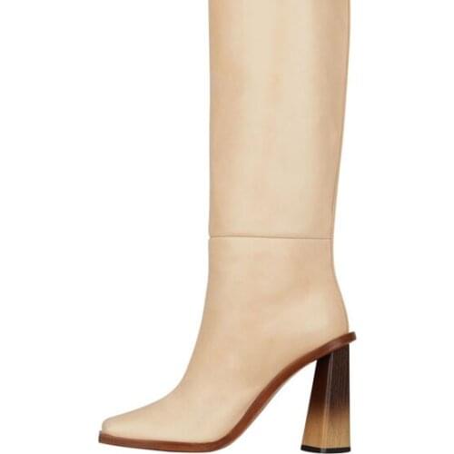 High Tube below the Knee Runway Show Long Canister Boots 2021 New Autumn and Winter Fleece-Lined Warm Square Toe Long Thick Heel