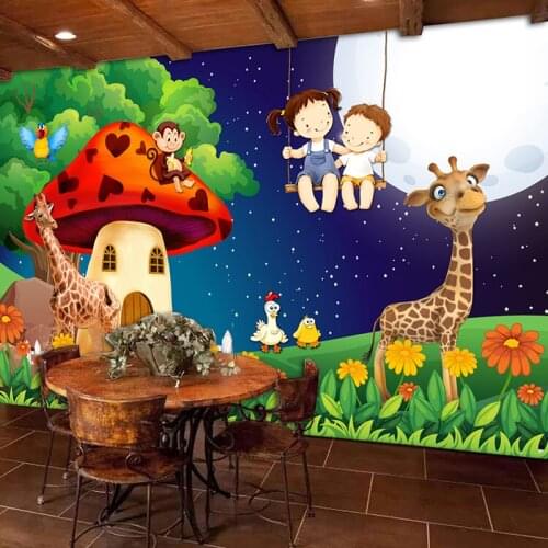 Green Forest Cartoon Mushroom Room Moon Giraffe Large Murals Wallpaper For Kids Room Children Bedroom Wall Decor Mural Animal 3D