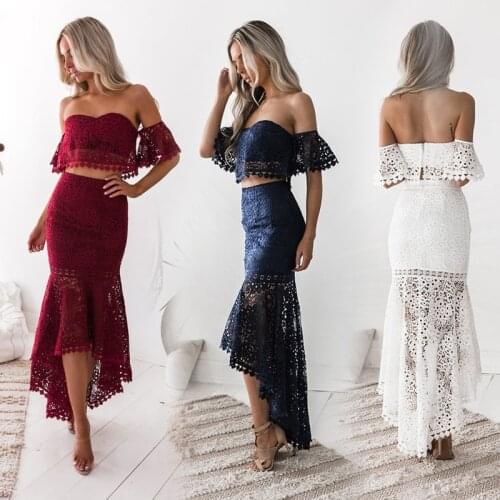 Womens Lace Tube Top Backless Irregular Navel Pencil Skirt Two-piece Suit Dresses