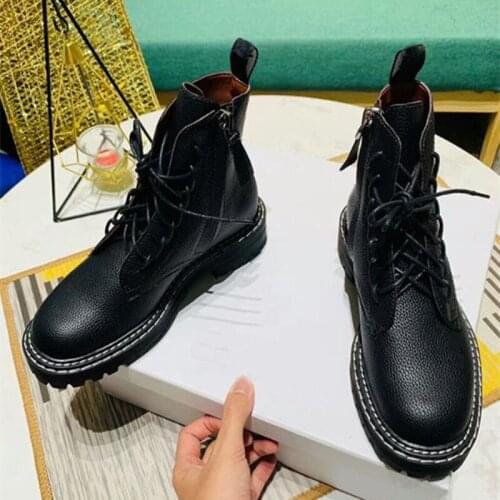 Manlinaya Brand Round Toe Women Boots Leather Suede Square Heel Lace Up Women Motorcycle Boots Flower Sole Zip Female Boots